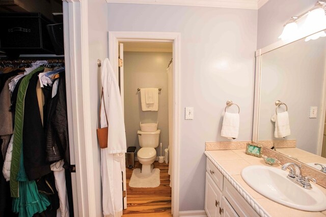 bathroom featuring vanity, wood-type flooring, and toilet