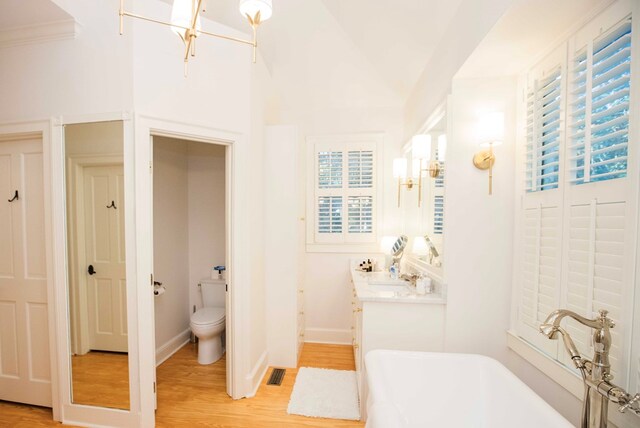 bathroom with lofted ceiling, toilet, wood-type flooring, vanity, and a tub