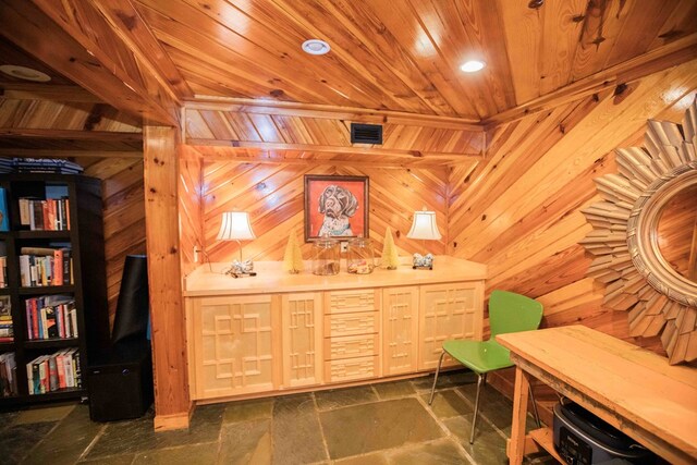 living area with wood ceiling and wooden walls