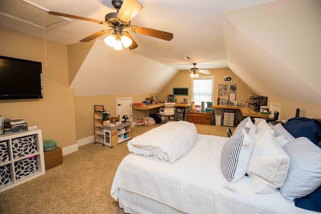 carpeted bedroom featuring vaulted ceiling and ceiling fan