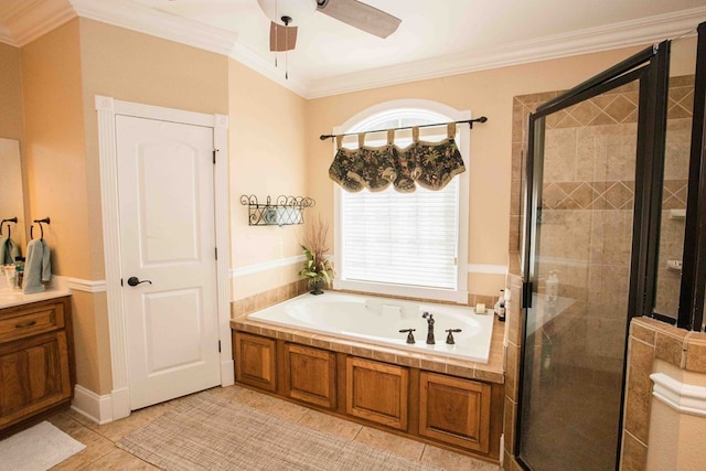 bathroom with ceiling fan, tile patterned floors, ornamental molding, and shower with separate bathtub