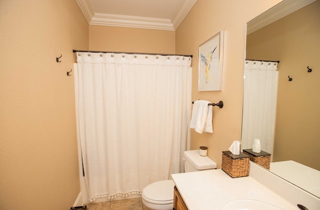 bathroom featuring crown molding, vanity, tile patterned floors, and toilet