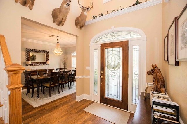 foyer entrance featuring crown molding and dark wood-type flooring