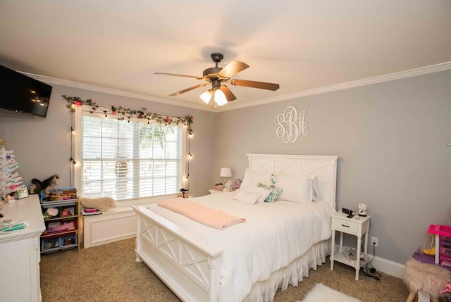 carpeted bedroom with crown molding and ceiling fan