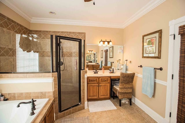 bathroom with tile patterned floors, vanity, plus walk in shower, and ornamental molding