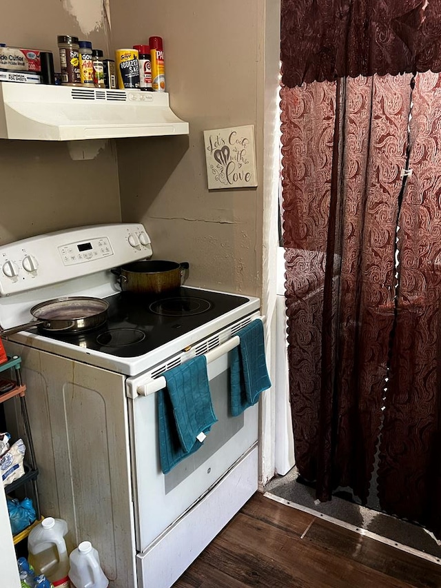 kitchen featuring white electric range oven, under cabinet range hood, and dark wood-type flooring