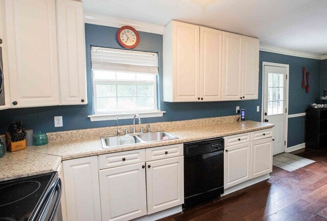 kitchen with ornamental molding, black dishwasher, sink, and white cabinets