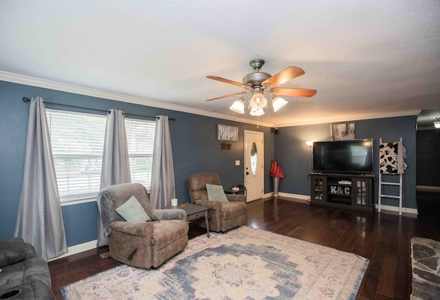 living room featuring crown molding, ceiling fan, and dark hardwood / wood-style flooring