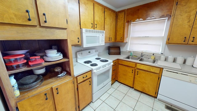 kitchen with light tile patterned flooring, white appliances, crown molding, and sink