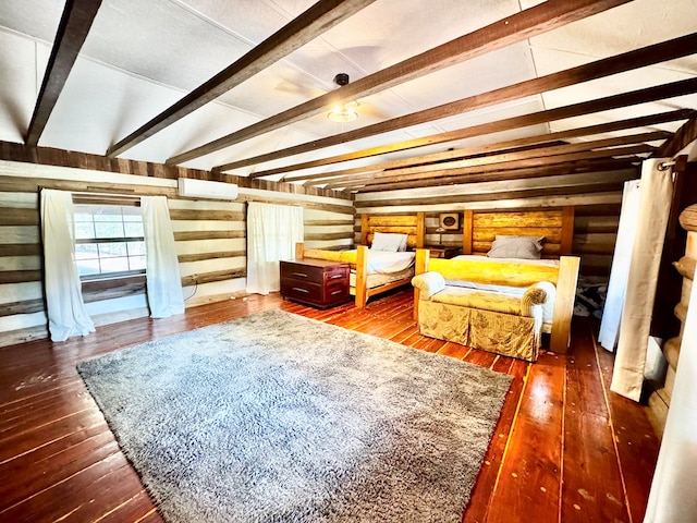 bedroom featuring wood-type flooring and vaulted ceiling with beams