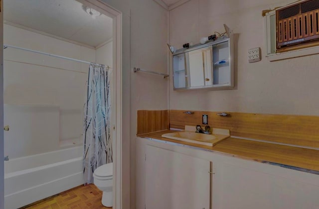 full bathroom with shower / bath combo, toilet, and vanity