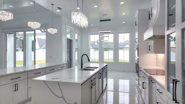 347 Madison Grv, Thomasville, GA 31757 - kitchen with a chandelier, a sink, a spacious island, recessed lighting, and black electric stovetop