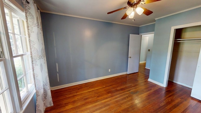 610 Partridge Dr, Thomasville, GA 31792 - unfurnished bedroom with wood finished floors, baseboards, a closet, ornamental molding, and a ceiling fan