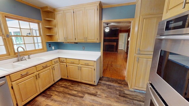 610 Partridge Dr, Thomasville, GA 31792 - kitchen featuring a sink, light brown cabinets, dark wood-style floors, light countertops, and ornamental molding