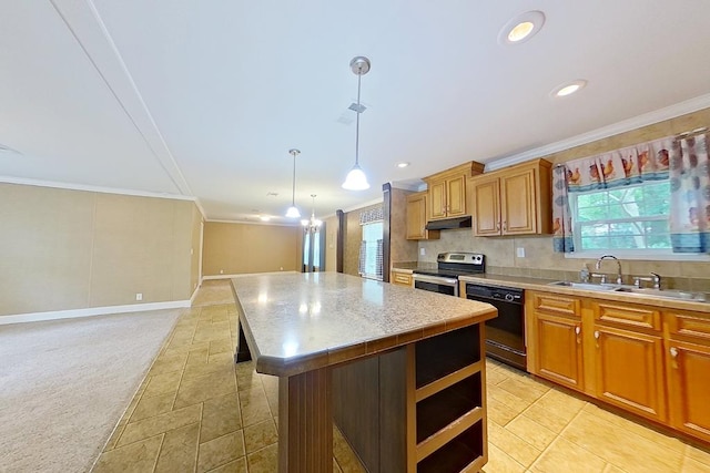 3024 Willow St, Ochlocknee, GA 31773 - kitchen with black dishwasher, electric range, ornamental molding, light countertops, and a center island