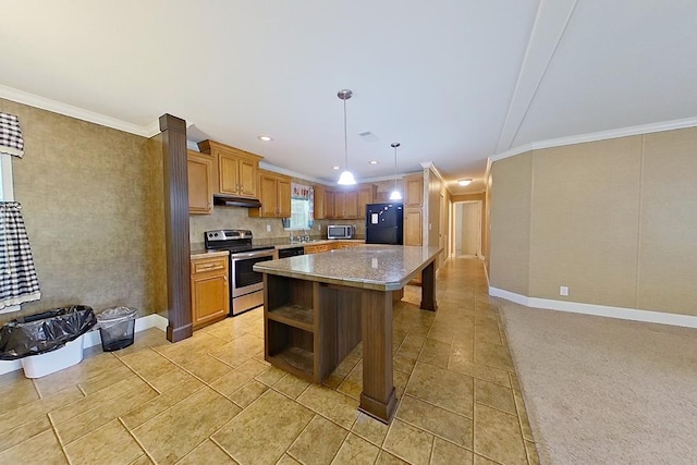 3024 Willow St, Ochlocknee, GA 31773 - kitchen featuring appliances with stainless steel finishes, under cabinet range hood, open shelves, a kitchen bar, and a center island