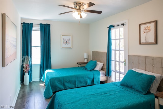 bedroom with hardwood / wood-style flooring and ceiling fan