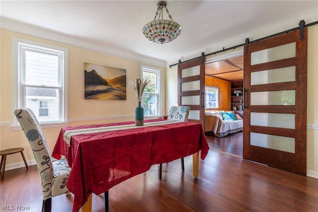 dining area with a barn door, a wealth of natural light, and dark hardwood / wood-style flooring