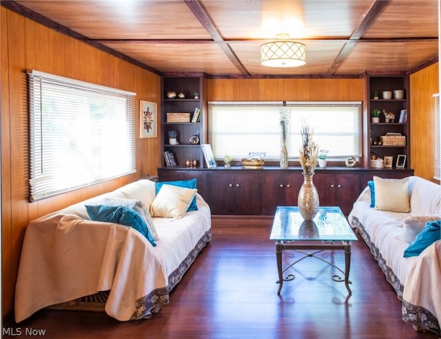 living room featuring dark wood-type flooring, wood ceiling, and wood walls