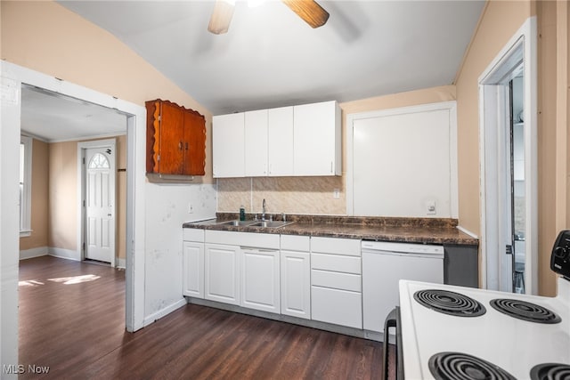 kitchen with dark hardwood / wood-style flooring, sink, ceiling fan, and white cabinets