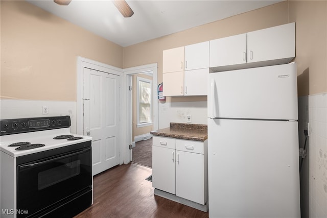 kitchen featuring white cabinets, white appliances, ceiling fan, and dark hardwood / wood-style floors