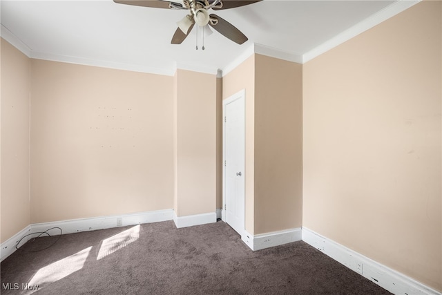 unfurnished bedroom with ceiling fan, carpet, and crown molding