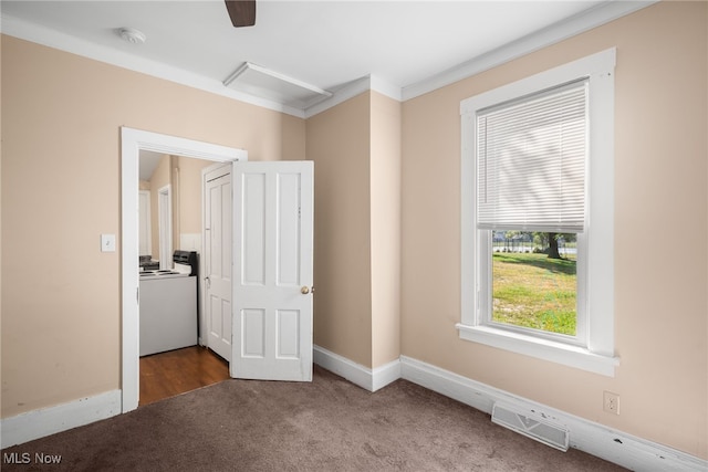 unfurnished bedroom with ornamental molding, ceiling fan, and carpet flooring