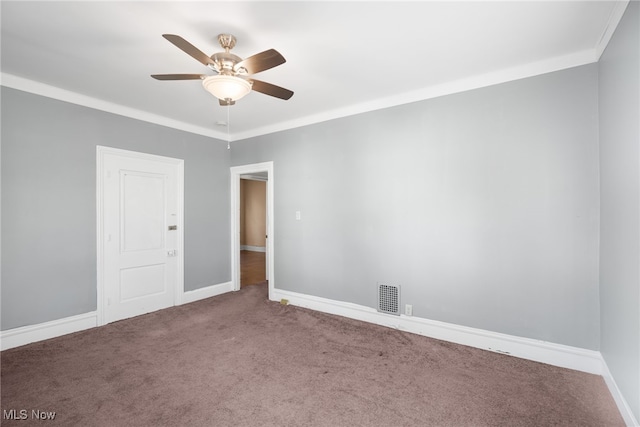 interior space with ceiling fan and ornamental molding