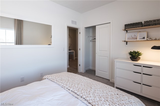 bedroom with dark colored carpet and a closet