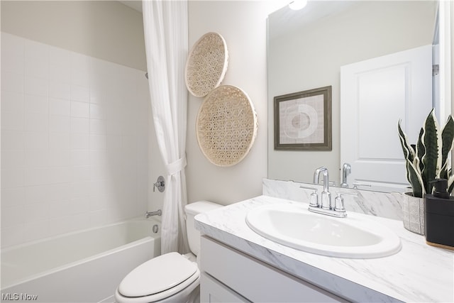 full bathroom with shower / bath combo with shower curtain, toilet, and vanity