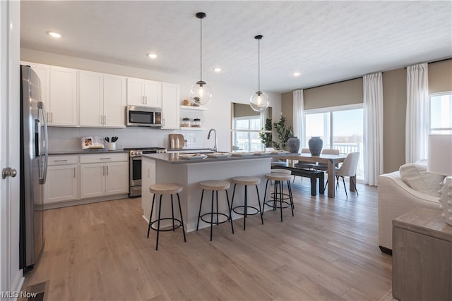 kitchen with tasteful backsplash, stainless steel appliances, and light hardwood / wood-style floors