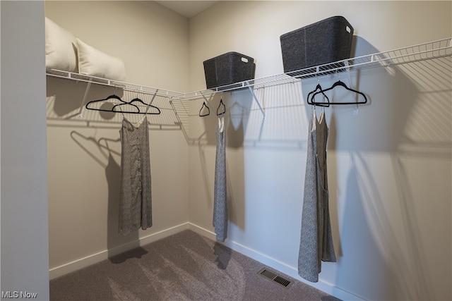 walk in closet featuring dark colored carpet