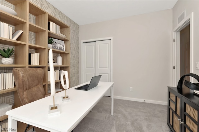 home office featuring light colored carpet