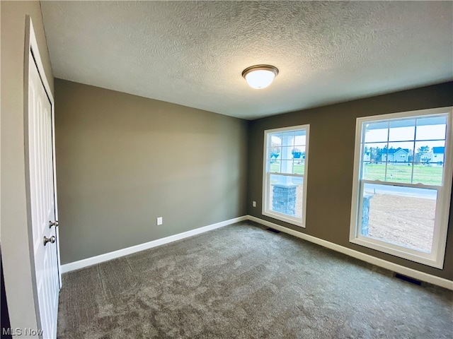 spare room with carpet, visible vents, baseboards, and a textured ceiling