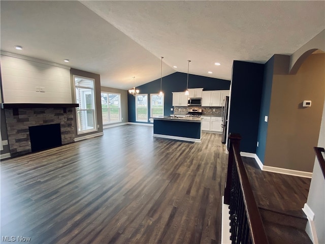 kitchen with appliances with stainless steel finishes, lofted ceiling, open floor plan, and dark wood-style floors