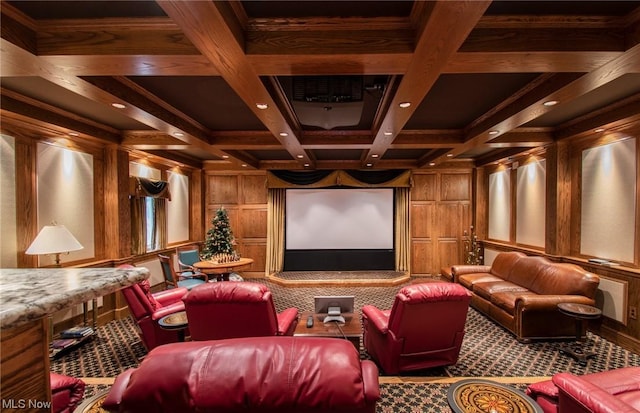 347 State Route 14, Columbiana, OH 44408 - home theater featuring beamed ceiling, wood walls, and coffered ceiling