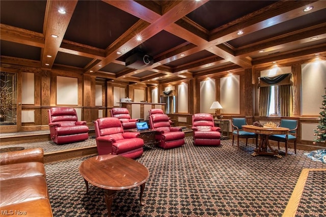 347 State Route 14, Columbiana, OH 44408 - carpeted cinema featuring coffered ceiling, crown molding, and beam ceiling