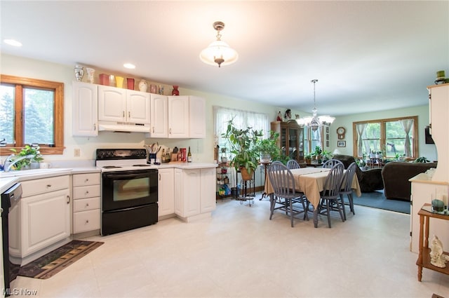 347 State Route 14, Columbiana, OH 44408 - kitchen featuring sink, pendant lighting, dishwasher, electric range oven, and white cabinets