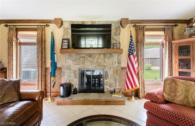 347 State Route 14, Columbiana, OH 44408 - living room with a stone fireplace and tile patterned flooring