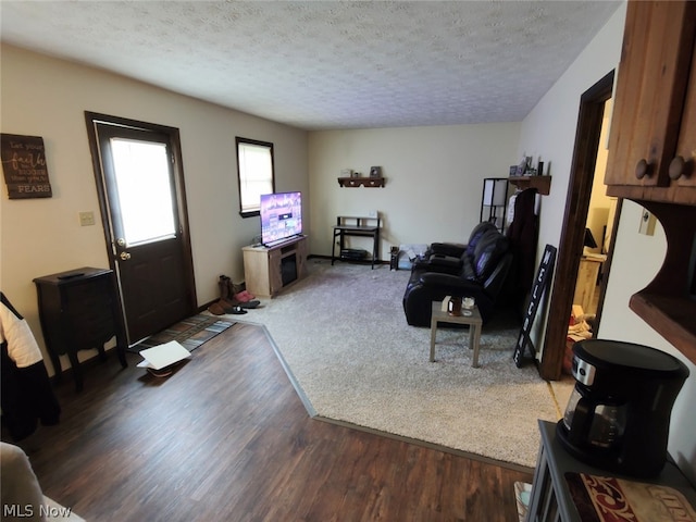 living room featuring a textured ceiling and dark hardwood / wood-style floors