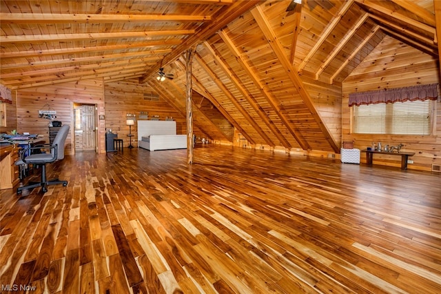 unfurnished office featuring hardwood / wood-style floors, wooden walls, and wooden ceiling