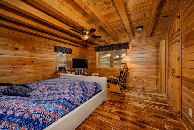 bedroom with wood walls, wood-type flooring, ceiling fan, wood ceiling, and beam ceiling