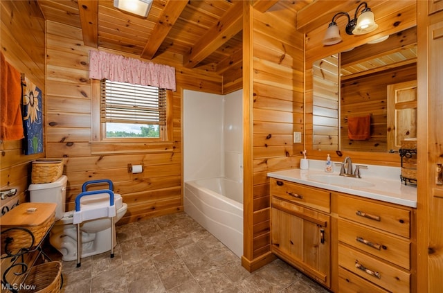 bathroom with wooden walls, wood ceiling, toilet, beamed ceiling, and vanity