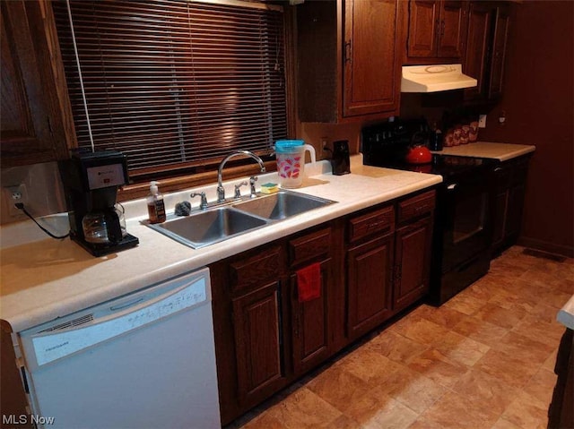 kitchen featuring custom range hood, light tile patterned floors, white dishwasher, stove, and sink