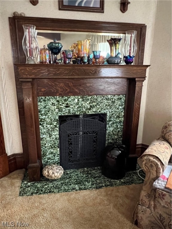 interior details with carpet flooring and a wood stove