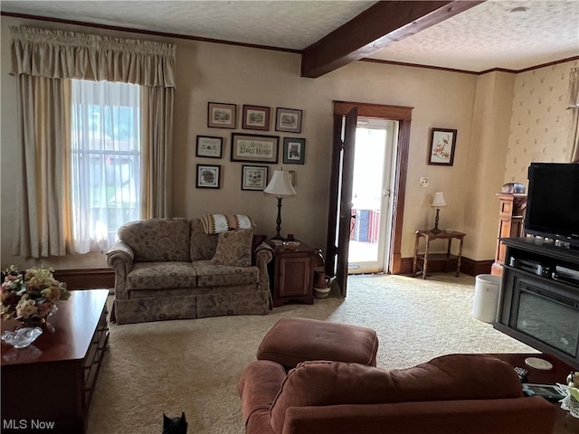 carpeted living room with beamed ceiling and a textured ceiling