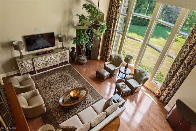 living room with a towering ceiling, hardwood / wood-style flooring, and a healthy amount of sunlight