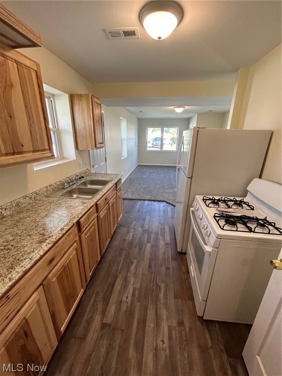 kitchen with sink, dark hardwood / wood-style flooring, and double oven range