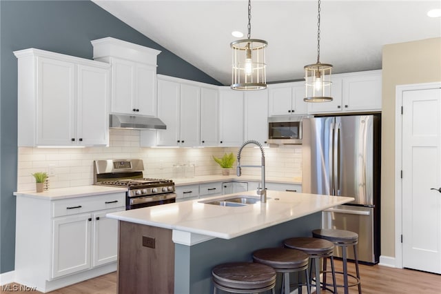 kitchen with sink, an island with sink, white cabinetry, hanging light fixtures, and stainless steel appliances