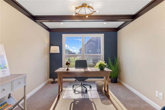 office space with carpet, beamed ceiling, a chandelier, and crown molding